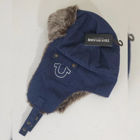 TRUE RELIGION DENIM FAUX FUR TRAPPER AVIATOR HAT STITCHED HORSESHOE LOGO POCKET - Picture 1 of 6